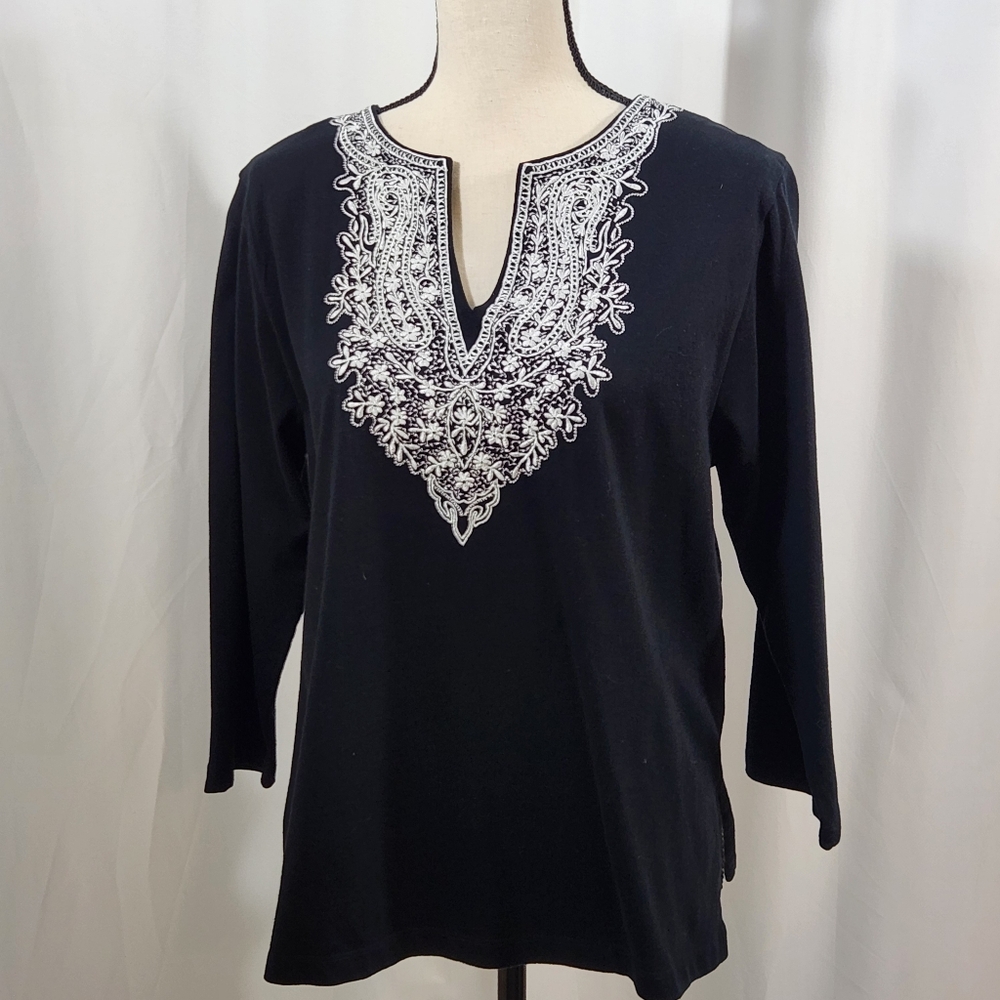 Coldwater Creek Black Embroidered 3/4 Sleeve Top Size Medium
